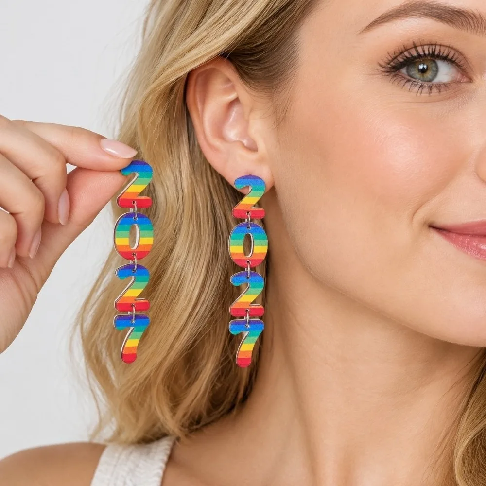 Fashion 2027 Digital Earrings Bohemian Style Welcome a New Beginning Happy New Year Earrings Wood Long Drop Stud Earrings