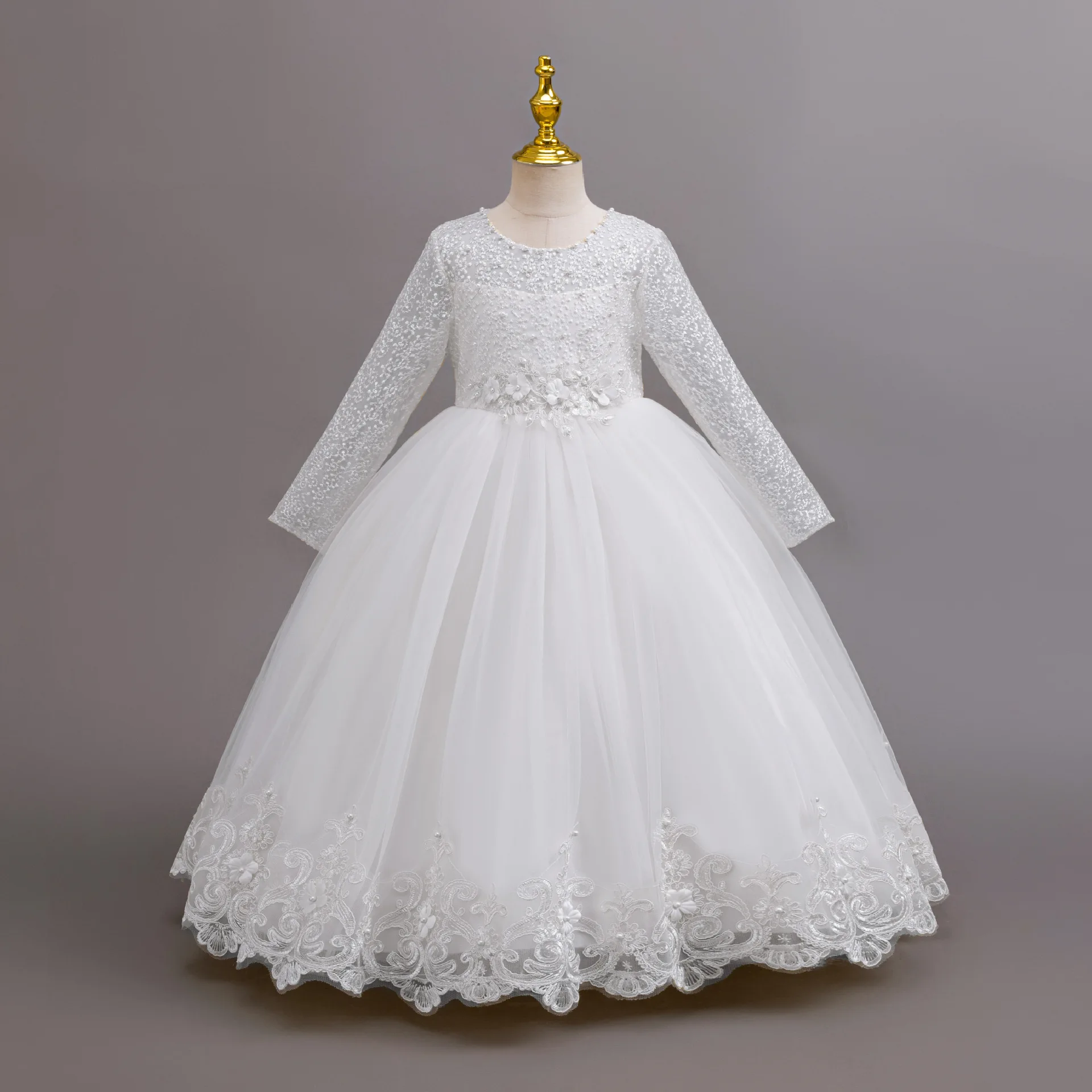 Neues, langärmliges, elegantes Kleid für junge Mädchen, Blumenmädchen-Hochzeitskleider, formelle weiße Spitzenkleidung von 4 bis 12 Jahren