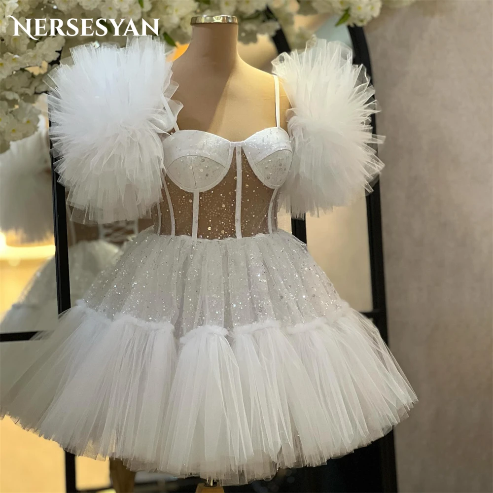 

Nersesyan Glitter Mini Wedding Dresses Spaghetti Straps Ruched Short Sleeves A-Line Bridal Gowns Tiered Sequins Bride Dress 2024