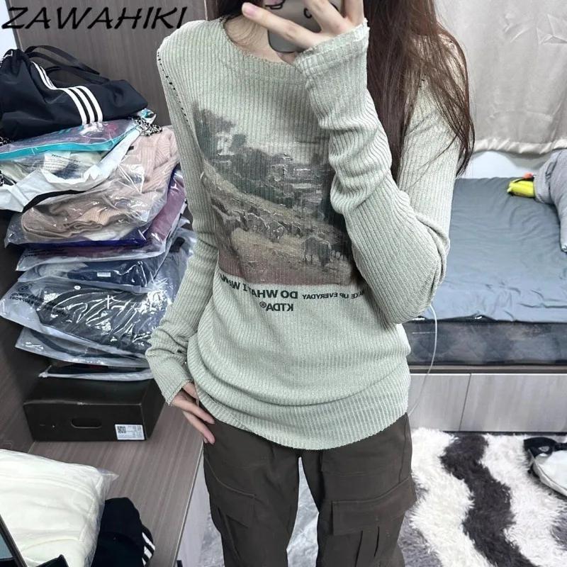 T Shirts for Women Kpop Long Sleeve Spring Fall Letter Grunge Graphic Print Crop Top Slim Chic Deigned Y2K Versatile Tees Mujer