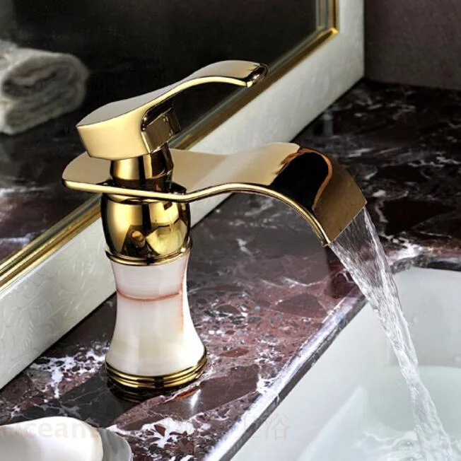 Cold and hot antique bathroom marble jade gold European style faucet waterfall bathroom accessories