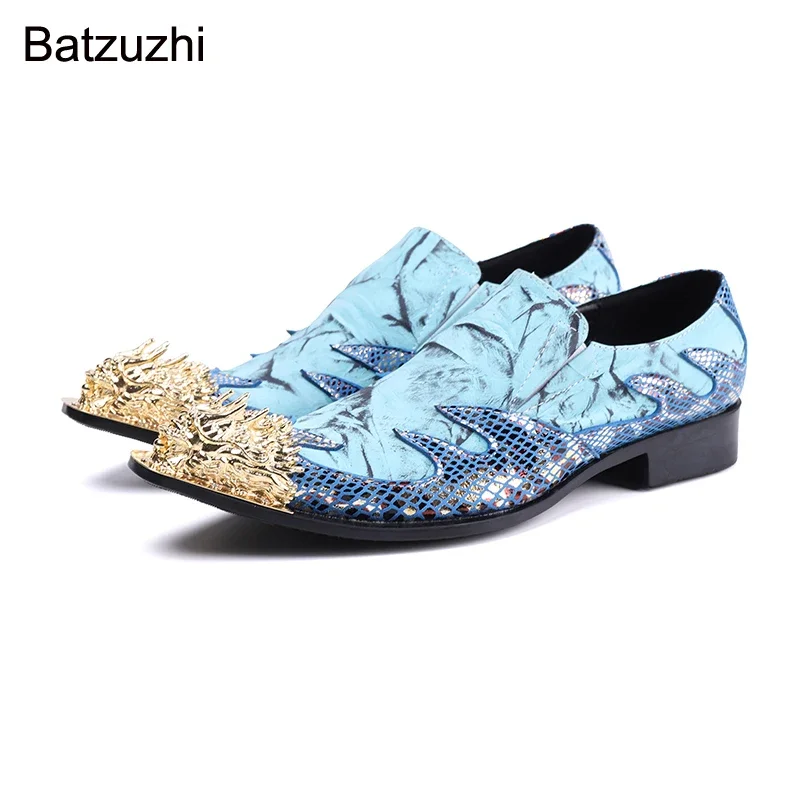 

Batzuzhi Korean Style Men Shoes Fashion Golden Metal Toe Blue Genuine Leather Dress Shoes for Men Party and Wedding Shoes,6-12