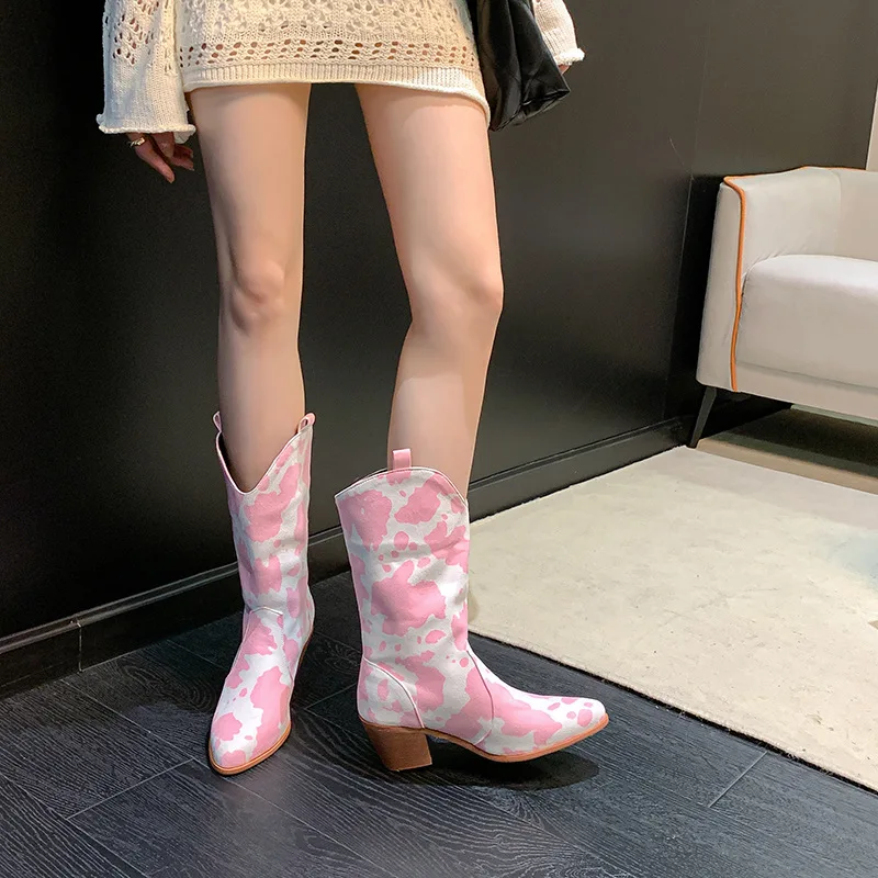 Western-Cowgirl-Stiefel mit Kuhmuster für Damen, Retro-Spitze, Blockabsatz, Halbhohe Stiefel für Party, Konzert, Alltag und Freizeitkleidung – Detail 17