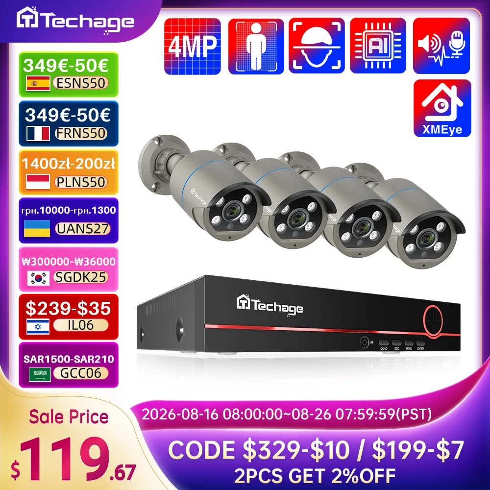 Techage 8CH 4MP POE Security Surveillance Camera System Kit AI Face Detection Audio Record IP Camera H.265 CCTV Video NVR Set