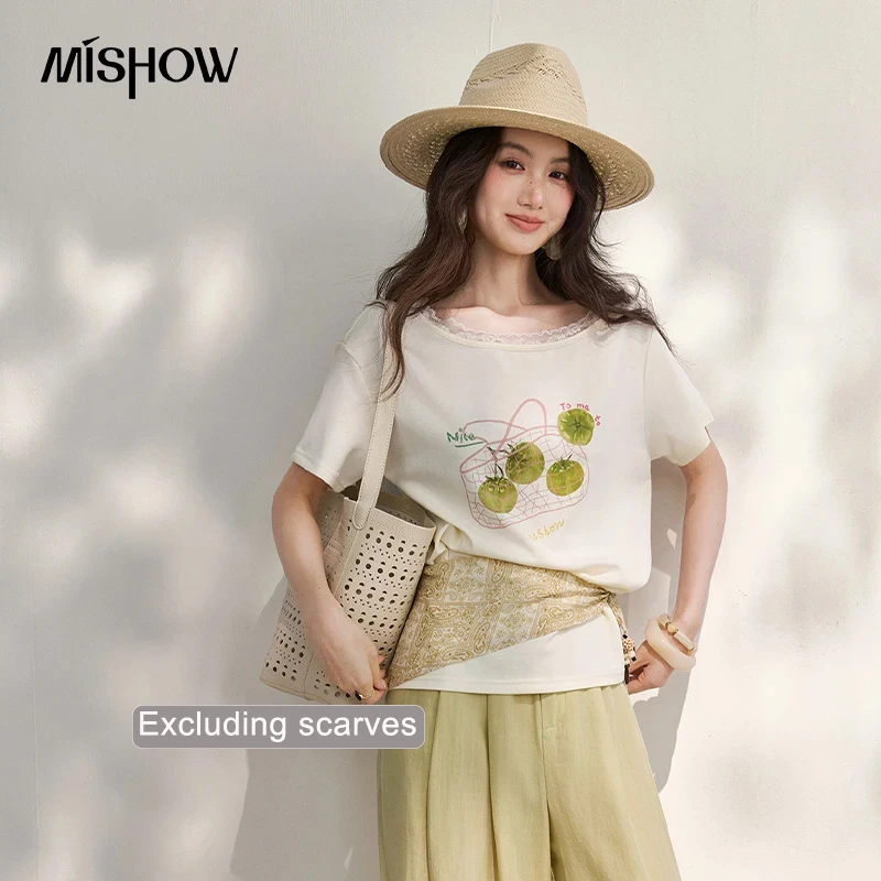 

MISHOW Lace Patchwork Collar Hand-Painted Printed T-Shirt For Women 2026 Summer Drop Sleeves Gentle Short Sleeved Top MXF26T1642