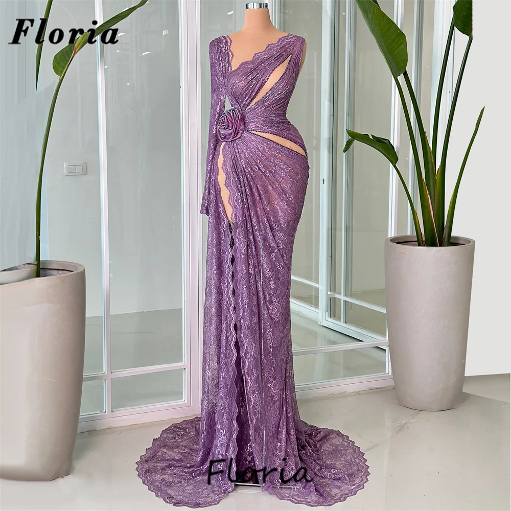 Purple Lace Cocktail Dresses Sexy High Split Side Formal Prom Dress Arabic One Sleeves Evening Dress Vestido De Noche Customized