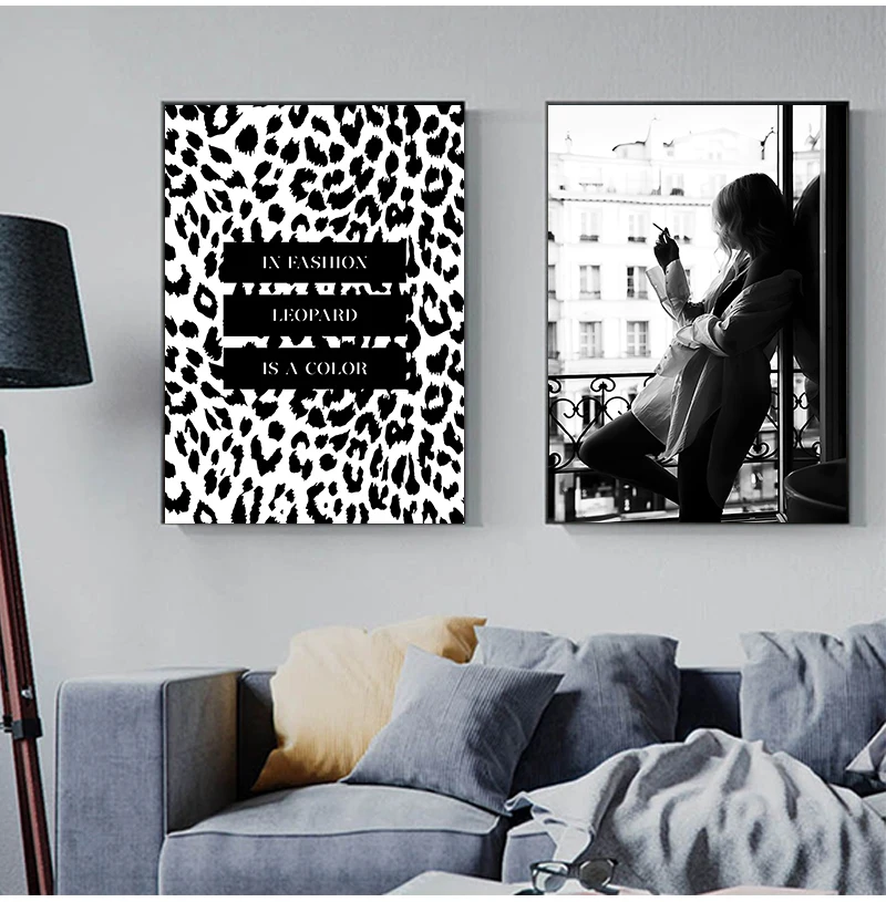 Black White Smoking Woman By The Window Poster Leopard Color Fashion Canvas Painting Wall Art Beauty Quotes Pictures Home Decor