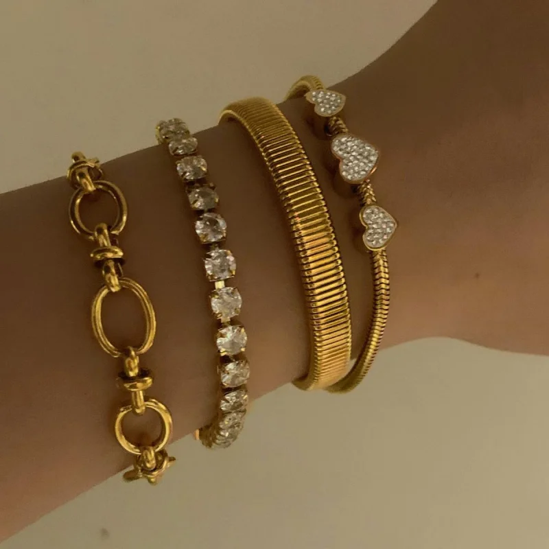 

American European Style Bracelet Combo Stainless Steel Inlaid Diamond Wide Strap Mesh Heart Set