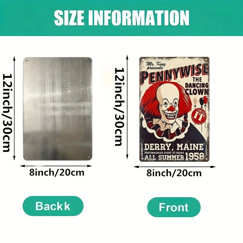 لوحة من القصدير - 1 لوحة جدارية كلاسيكية من الحديد الريفي، مهرج الرقص Pennywise |   ديكور ريترو من الألومنيوم للبار