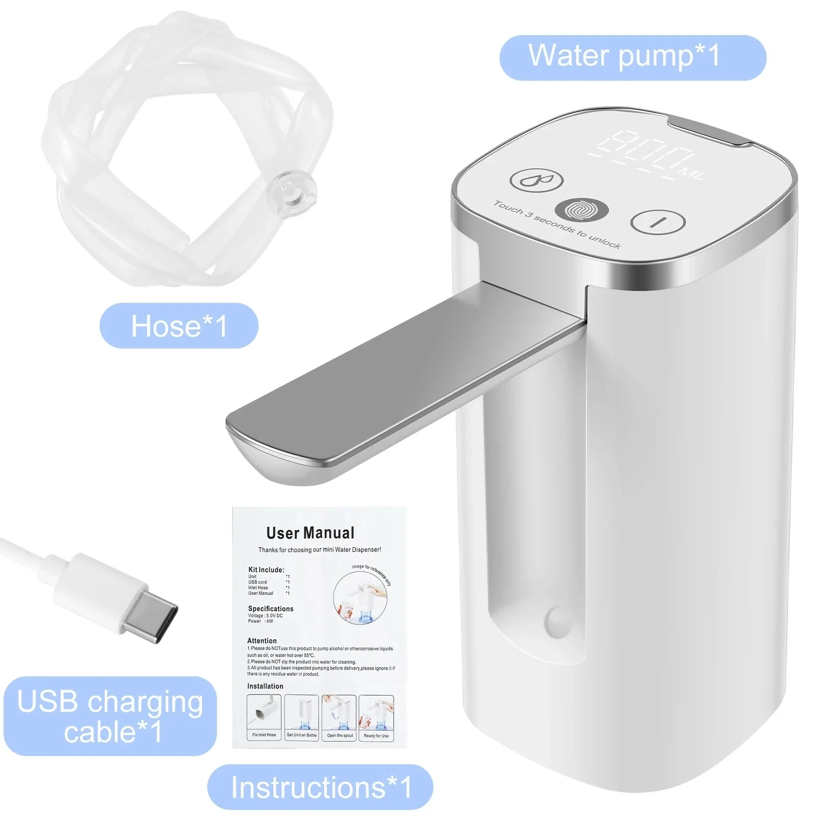 

New Water Bottle Dispenser Foldable Water Bottle Pump 3 Level Quantitative Water Dispenser Pump 1200mAh Rechargeable Electric