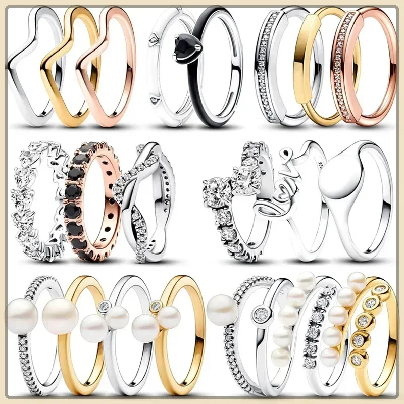 

2025 Fashionable Classic 925 Silver Sparkling Double Ring Pearl Logo Love Heart Wave Ring Women's Holiday Charm Jewelry Gift