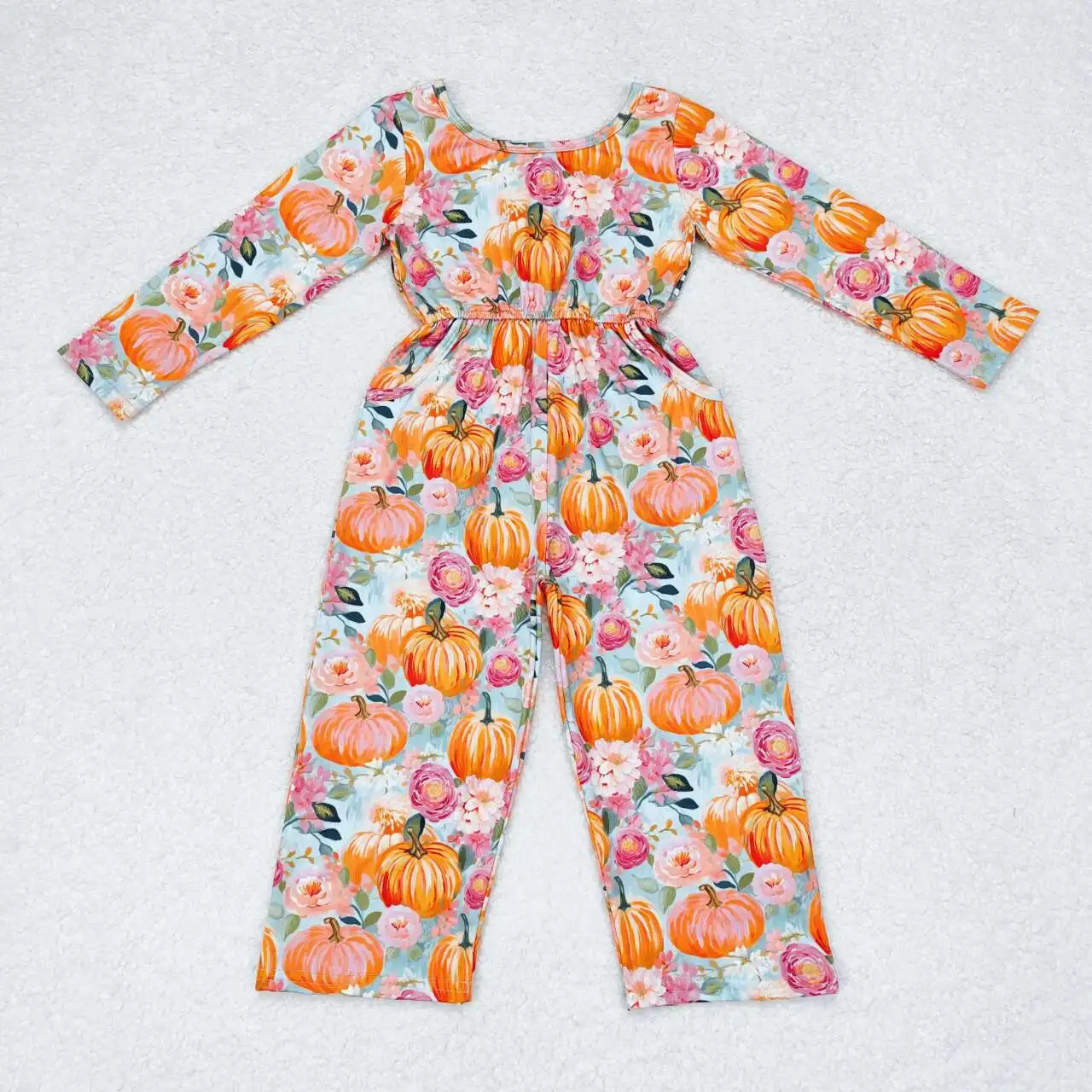 LR1060 Fashionable And Good-Looking Girls Jumpsuits Long Sleeves Top Pumpkin Blossoms Print  With Jumpsuit  Children Clothes