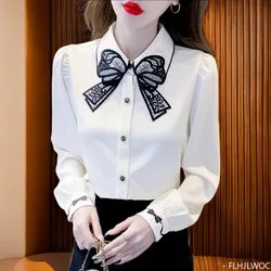 Women's Ruffles Cute Bow Tie Tops Preppy Style Vintage Japanese Korea Design Button Elegant Formal White Pink Shirts Blouses