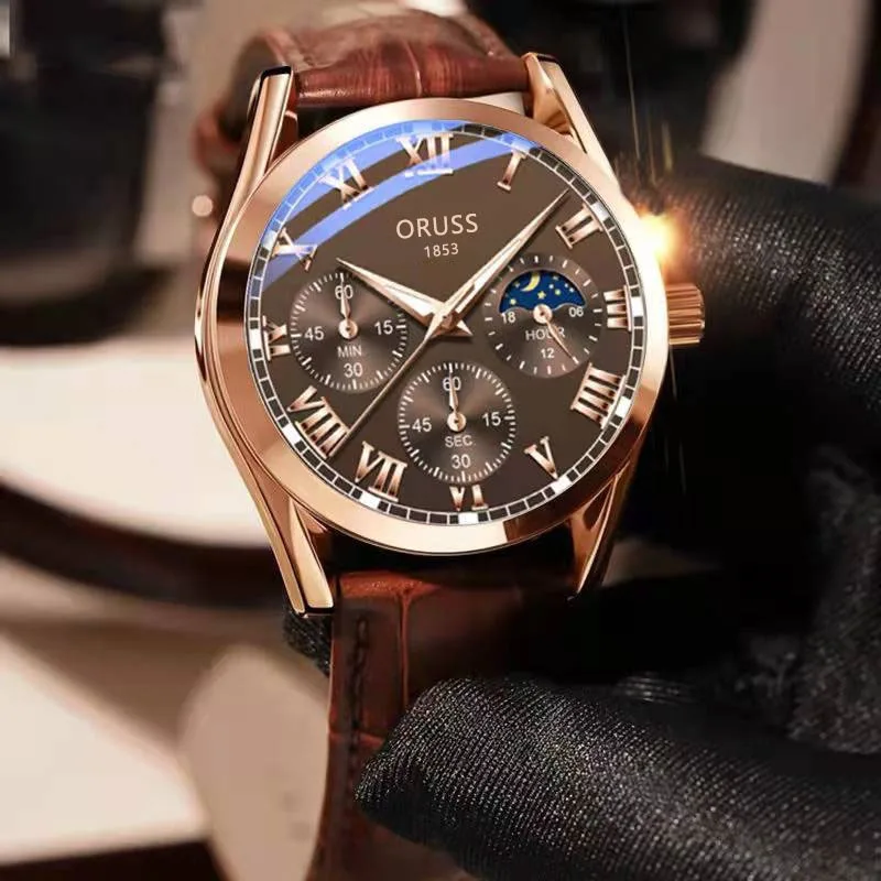 ORUSS Luxury Men\'s Quartz Watch Roman Dial Luminous Hands Waterproof And Comfortable Leather Strap High-Quality Men\'s Watches