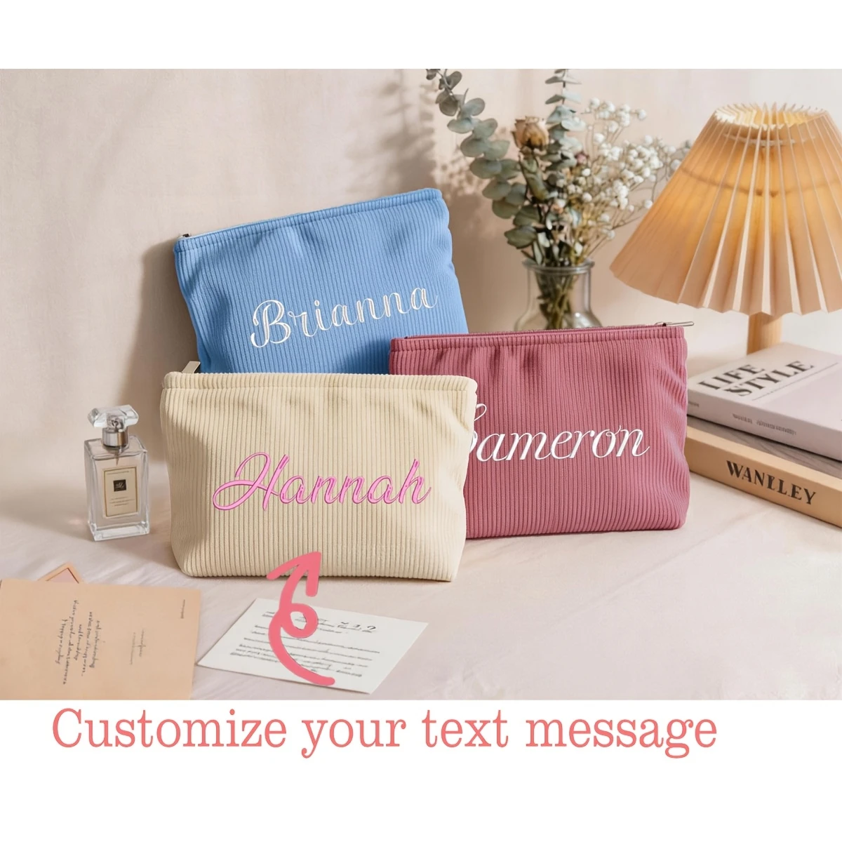 Embroidered Name Corduroy Makeup Bag, Multifunctional Daily Handbag To Organize Accessory, Ideal Gift for Her Holiday Beach Trip