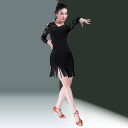 Latin Dance Dress Female Adult Sexy V-neck Hollowed Out Lace Dress Professional Fringe Training Dress Training Dress Dance Dress