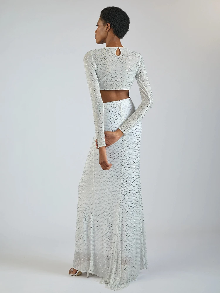 أزياء كوكتيل حزب جاذبية الترتر الأبيض المحاصيل الأعلى وتنورة مجموعة مثير ملهى ليلي ثوب مسائي بأكمام طويلة #3