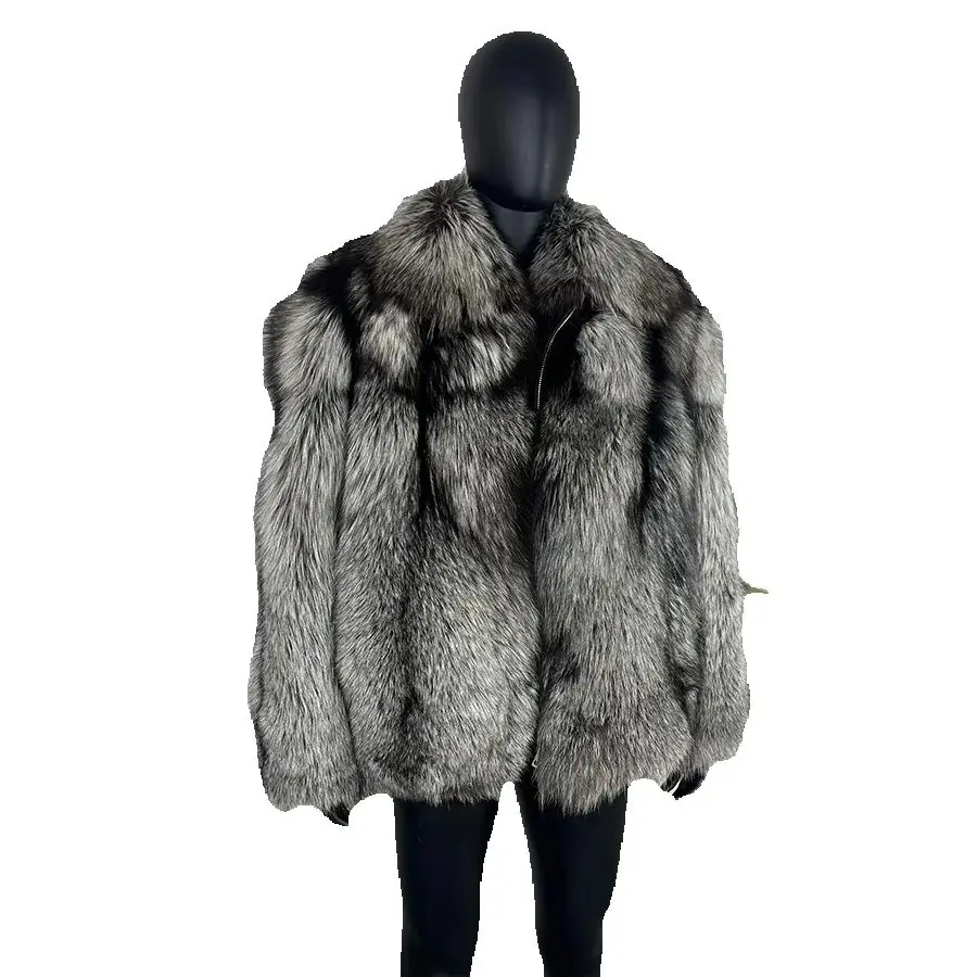 

Men's Winter Jacket Natural Sliver Fox Fur Coat With Lapel Luxury Short Fox Fur Jackets Real Fur Coats
