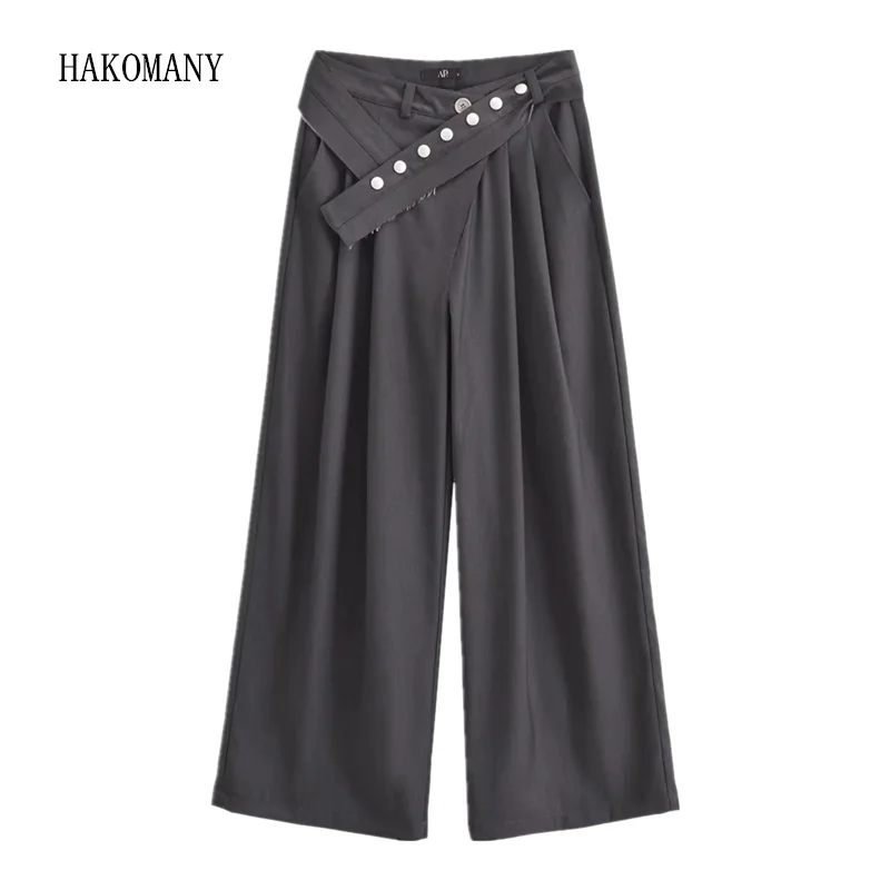 

2023 Women Long Loose Woolen Korean Trousers Full Length Bottom Autumn Winter With Metal Button Belt Middle Waist Wide Leg Pants