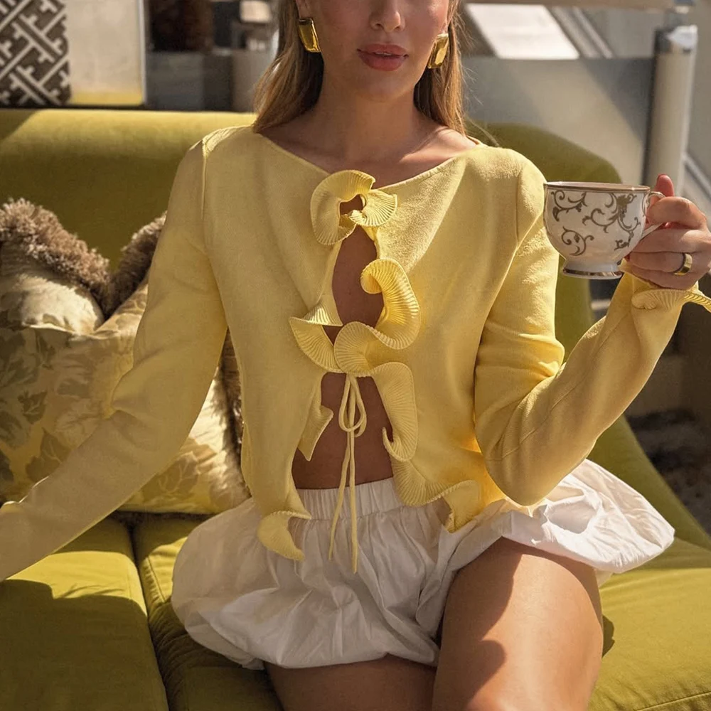 

Pop Lace Patchwork Cardigan Women Fashion Contrast Color Long Sleeve Lace-up Knitted Top Round Neck Office Lady Top T-Shirt