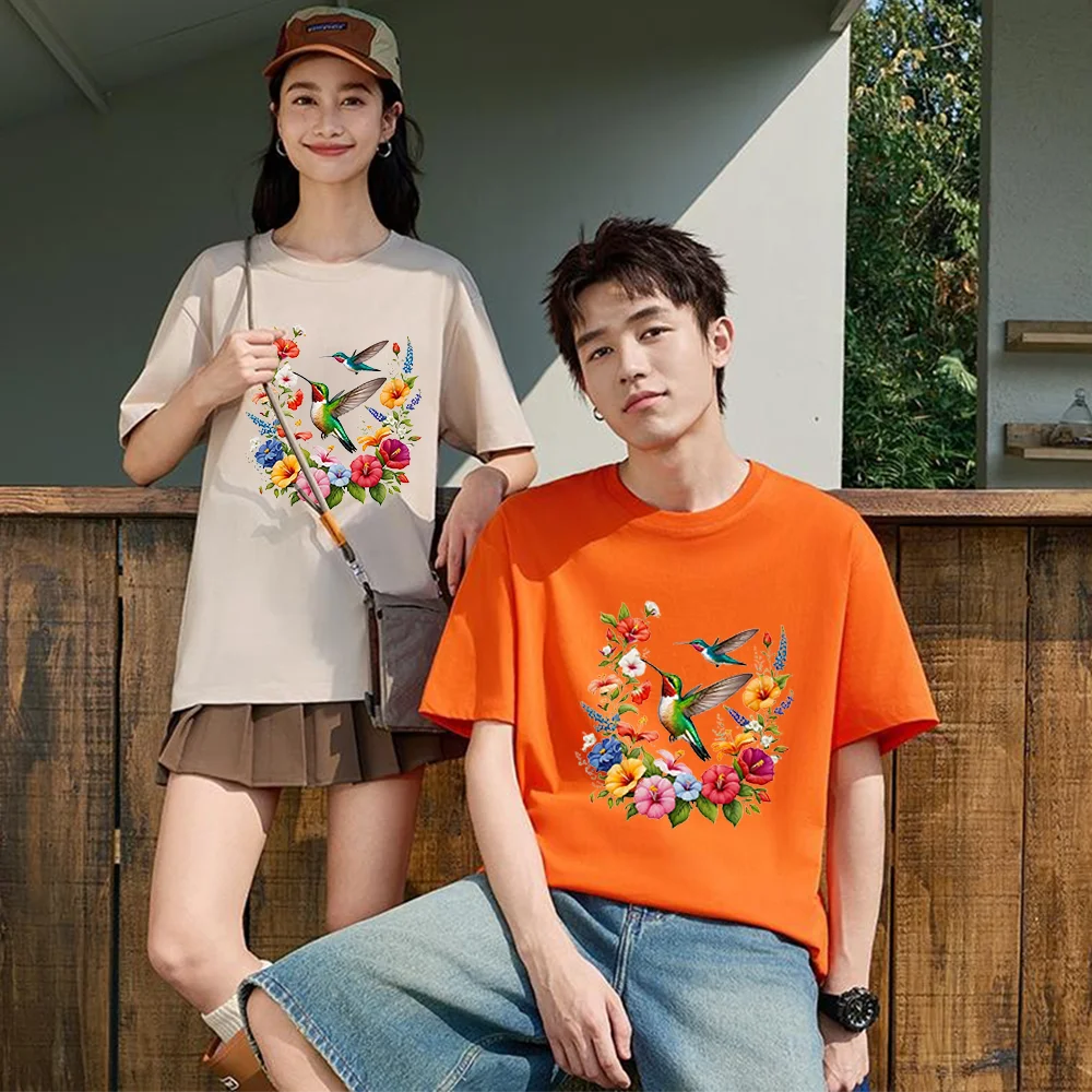 Hummingbird Floral Print Printed T Shirt Breathable Fabric S-XXL Personalized Custom Casual Short Sleeve Tee Aesthetic Graphic T