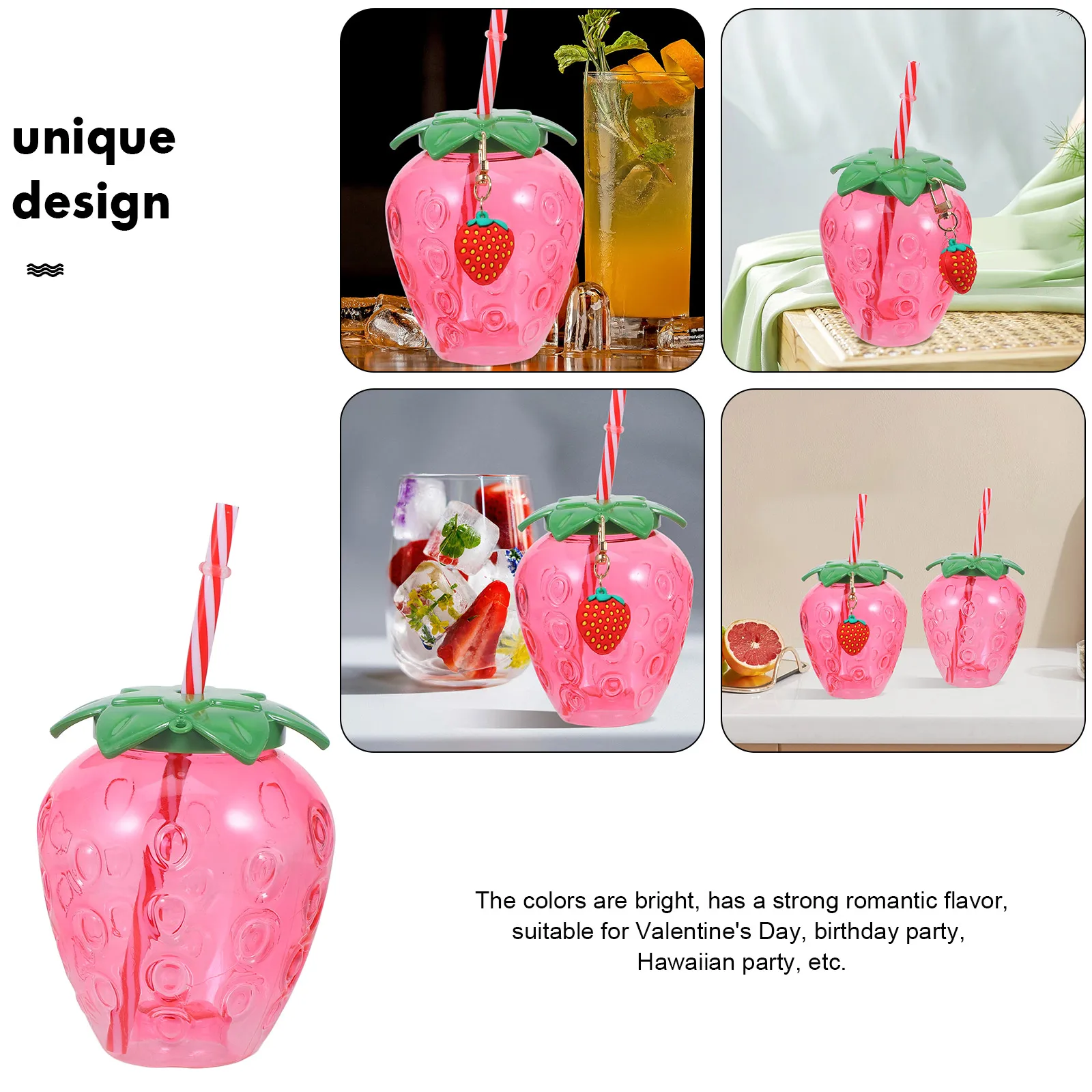 

4pcs Strawberry Drinking Cups With Straws Portable Milk Tea Bottles Bright Color Cute Party Tumblers For Hawaiian Luau Summer