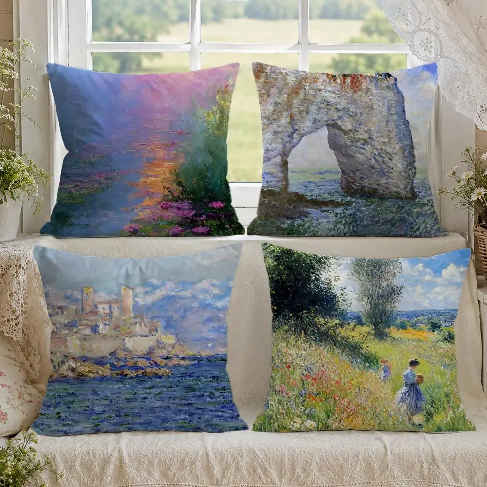 Claude Monet Natural Oil Painting Cushion Cover 1/4PCS Linen Sofa Couch Bedroom Living Room Home Office Decor Pillow Case