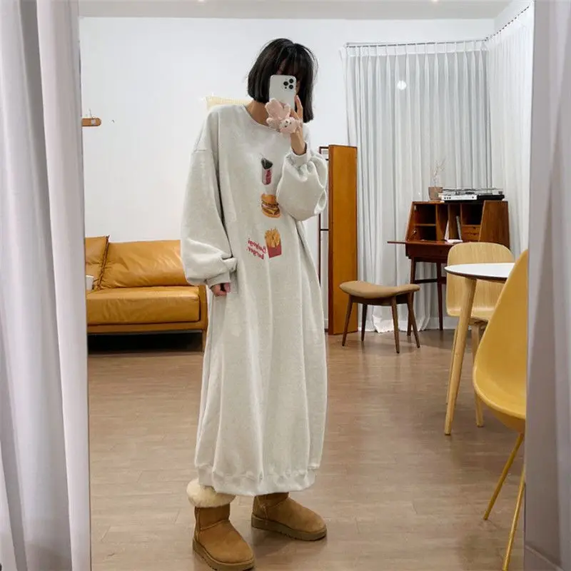 Autumn Winter New O-Neck Fleece Dress Women Pullover Print Korean Version Loose Lazy Patchwork Oversized Long Sleeve Dresses