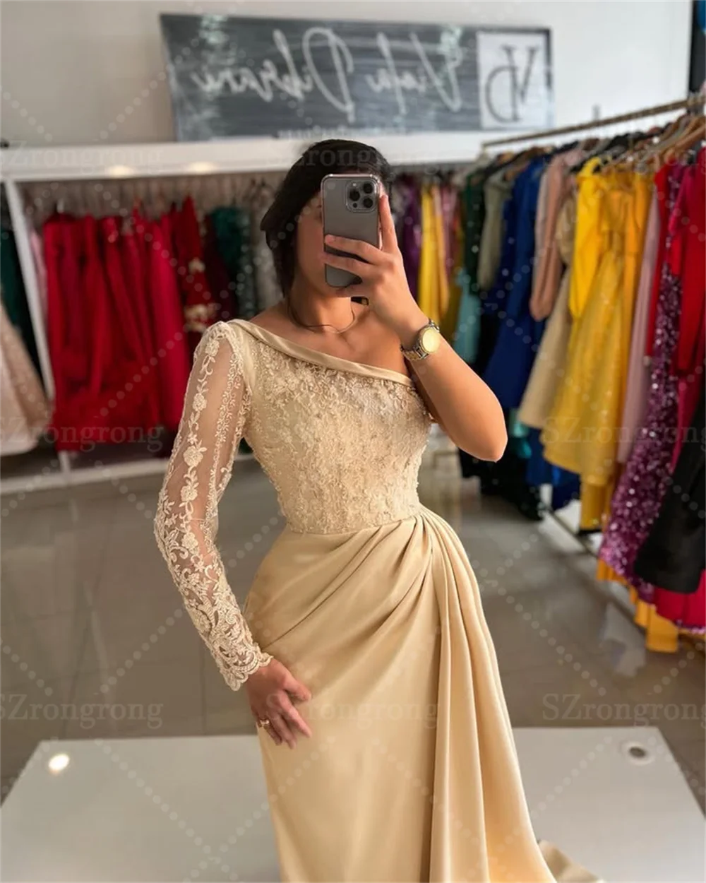 Custom Made Elegant One Shoulder Lace Beading Evening Dress Sheath Backless Long Sleeve Modern Prom Party Dress with Train