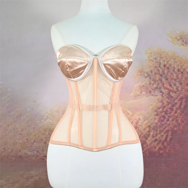 

Женский плотный корсет-бюстье на косточках ‌ Чашки Прозрачные сетчатые лифы Свадебные топы на шнуровке со стальными костями Формирующие топы