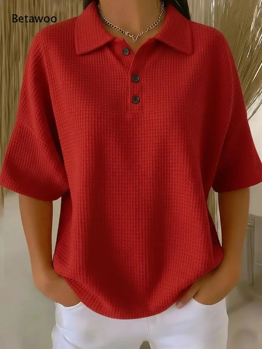 Women Solid Knit Polo Top Lapel Half Placket Drop Shoulder Short Sleeve Relaxed Fit Casual Tee Suitable for Commuting Daily