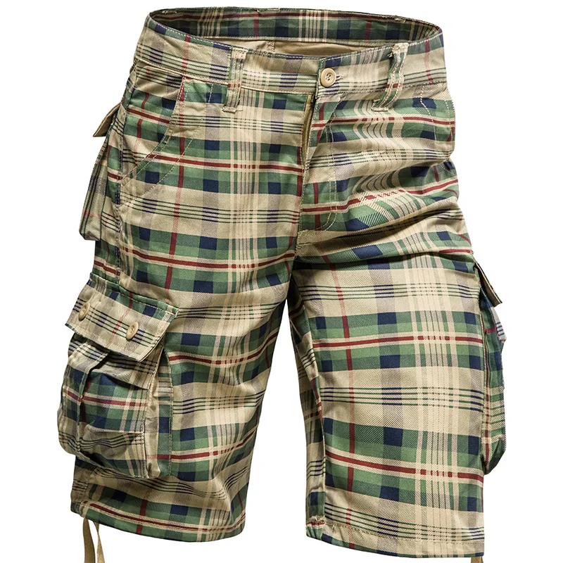 2024 New Summer 100% Cotton Plaid Shorts Men High Quality Casual Straight Men Cargo Shorts Multiple Pockets Beach Shorts MY936