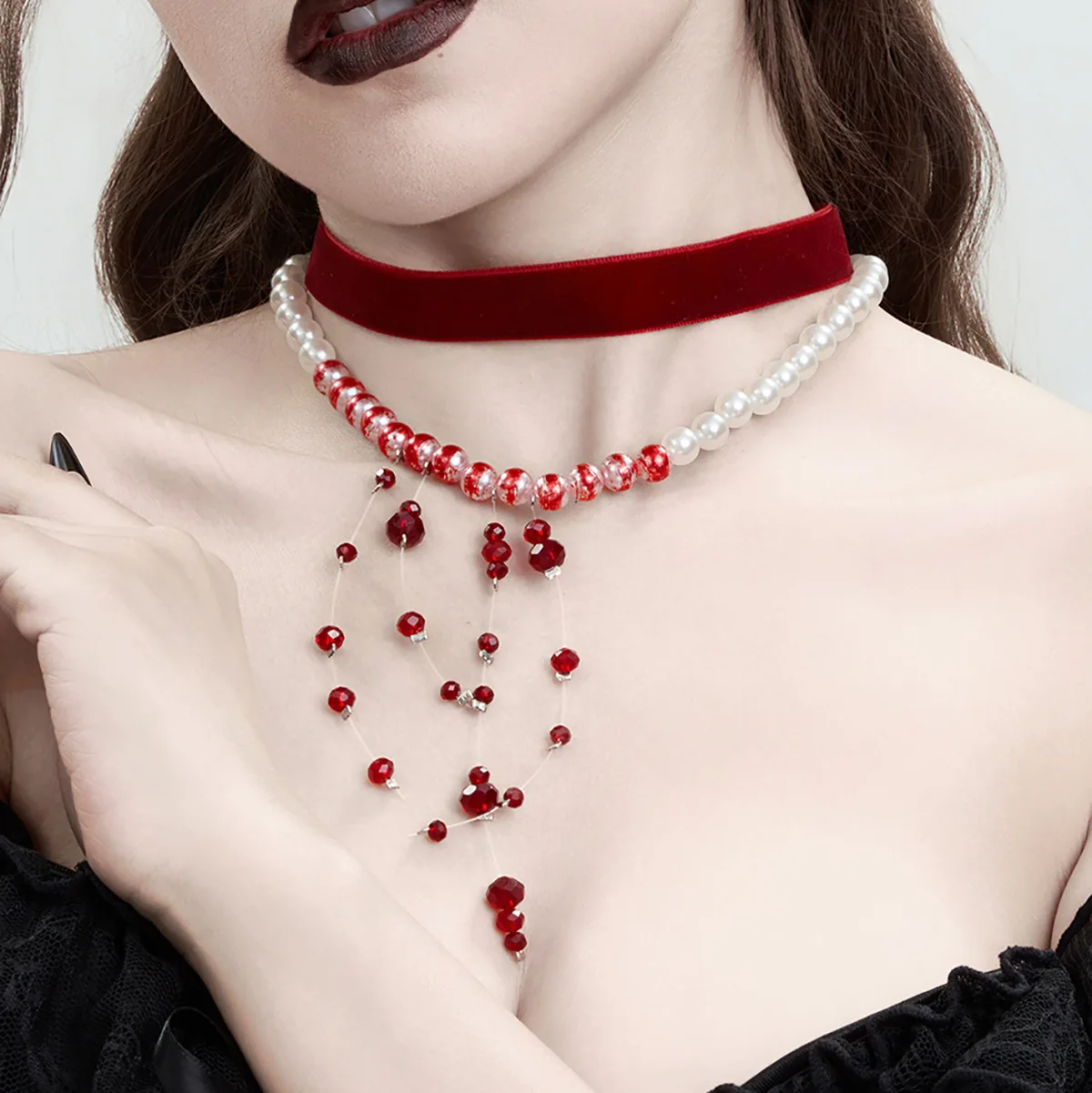 Choker Necklace Black Velvet Gothic Faux Pearl Crystal Tassel Blood Drop Pendant Adjustable Halloween Party Jewelry Women