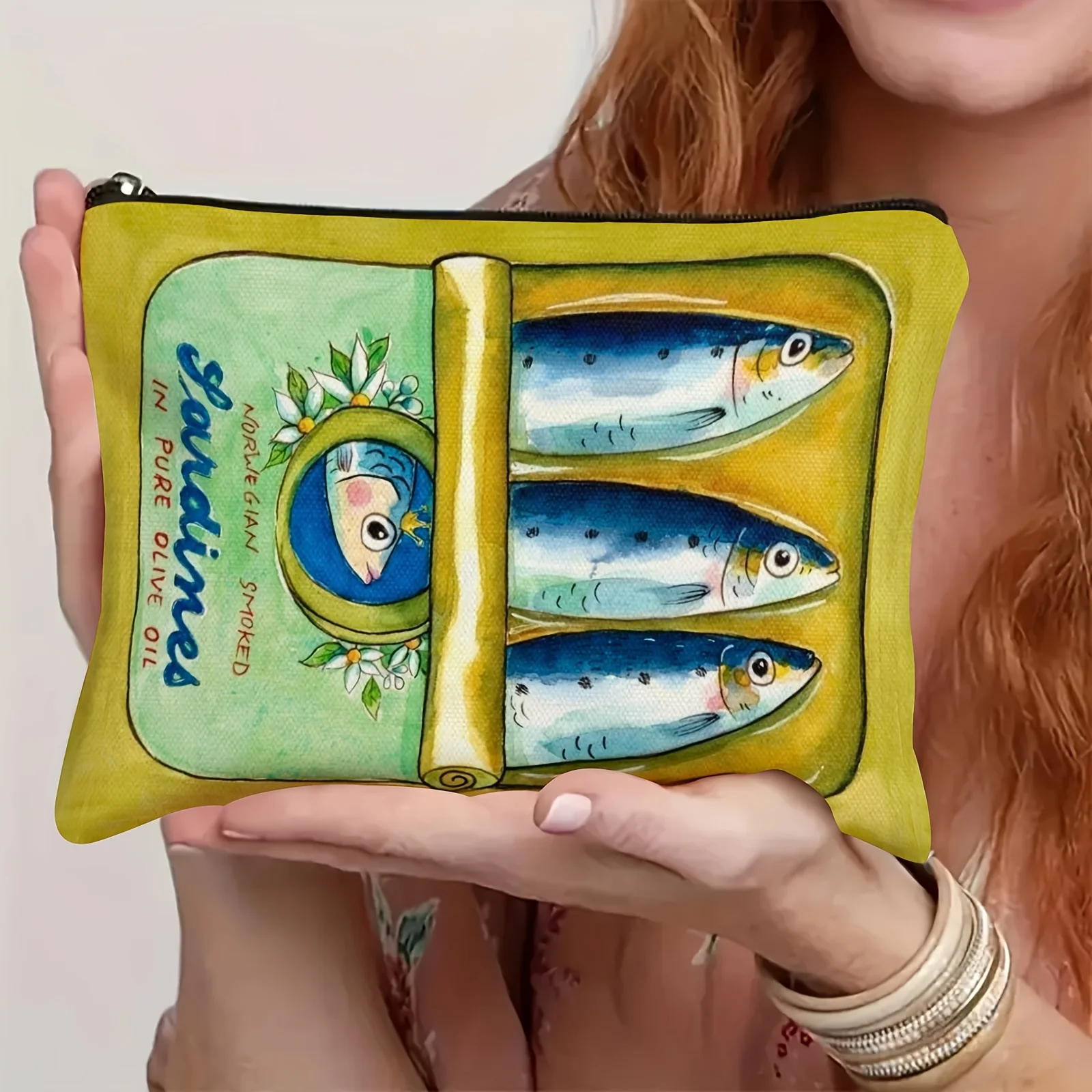 Retro Cosmetic Bag Featuring Sardines Yellow with Blue Fish Green Backdrop Free from Formaldehyde Chic Zipper Pouch Makeup Bag