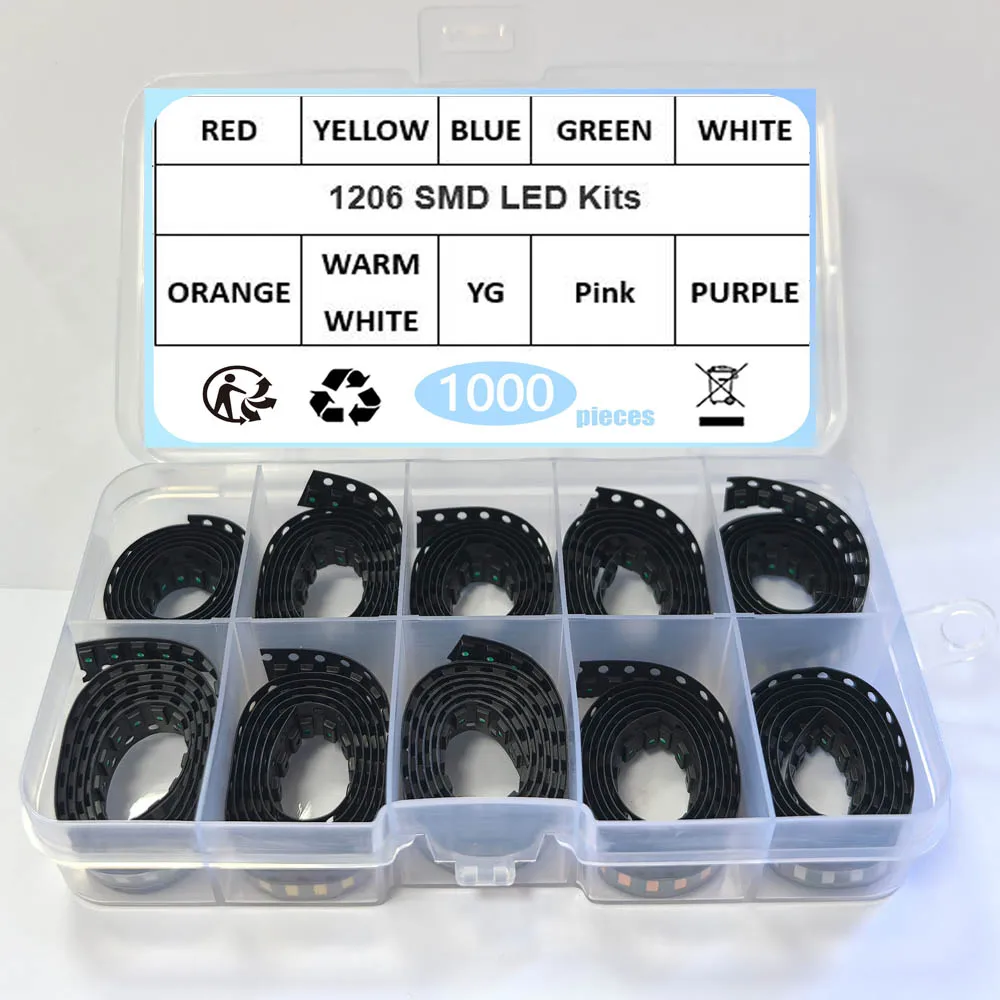 1000 Teile/los 1206 SMD LED 10 Farben x 100 Stücke Weiß Rot Blau Grün Gelb Rosa Orange Lila Warmweiß Super Helle Dioden Kit BOX