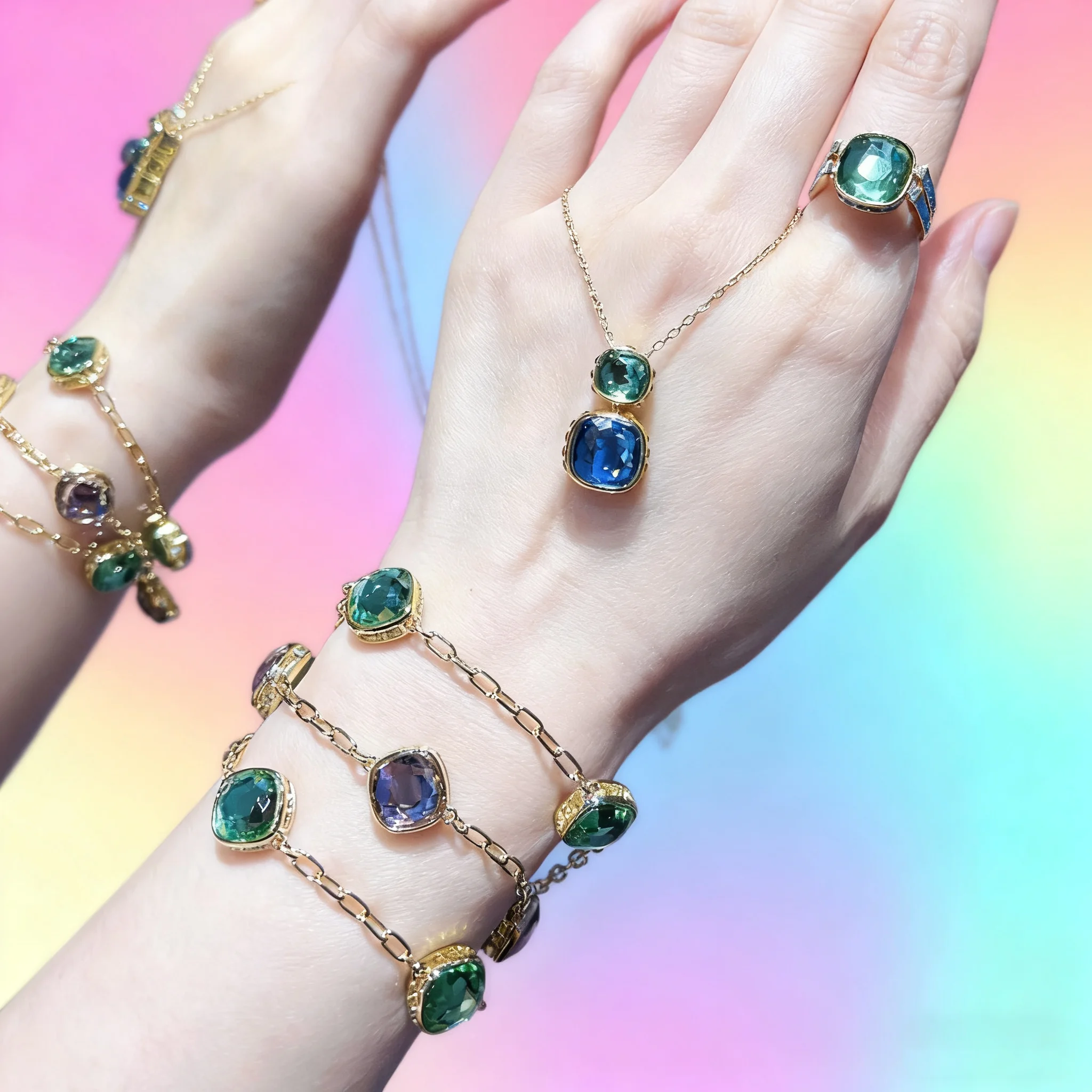 

Original 2025 New Trend Fine Anniversary Jewelry Set Charm Blue Pink Double Sided Crystal Fashion Women's Necklace Ring Earrings