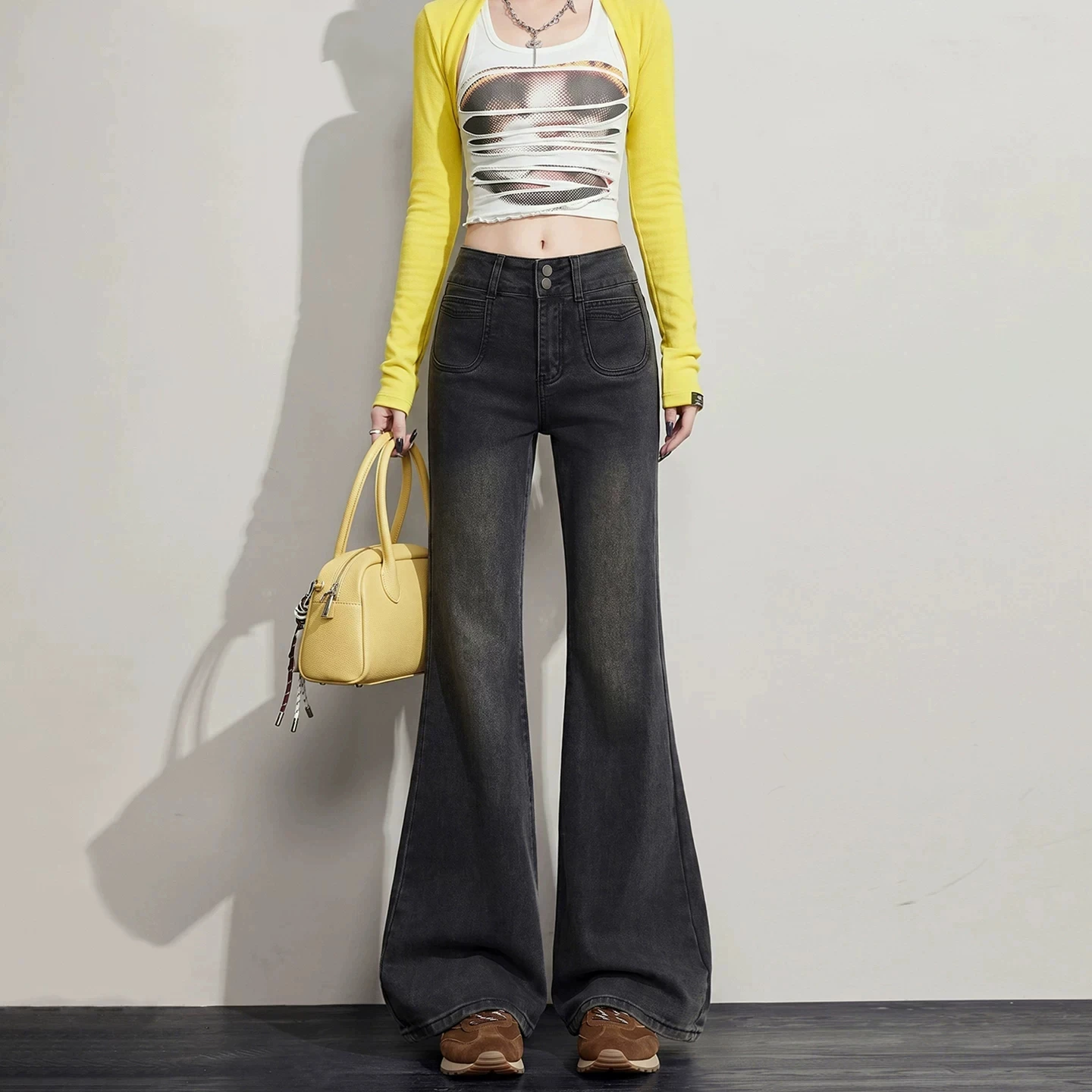 Casual High Waist Draped Micro Flared Jeans Women's Black Grey Slimming Denim Pants Autumn New Style Korean Version