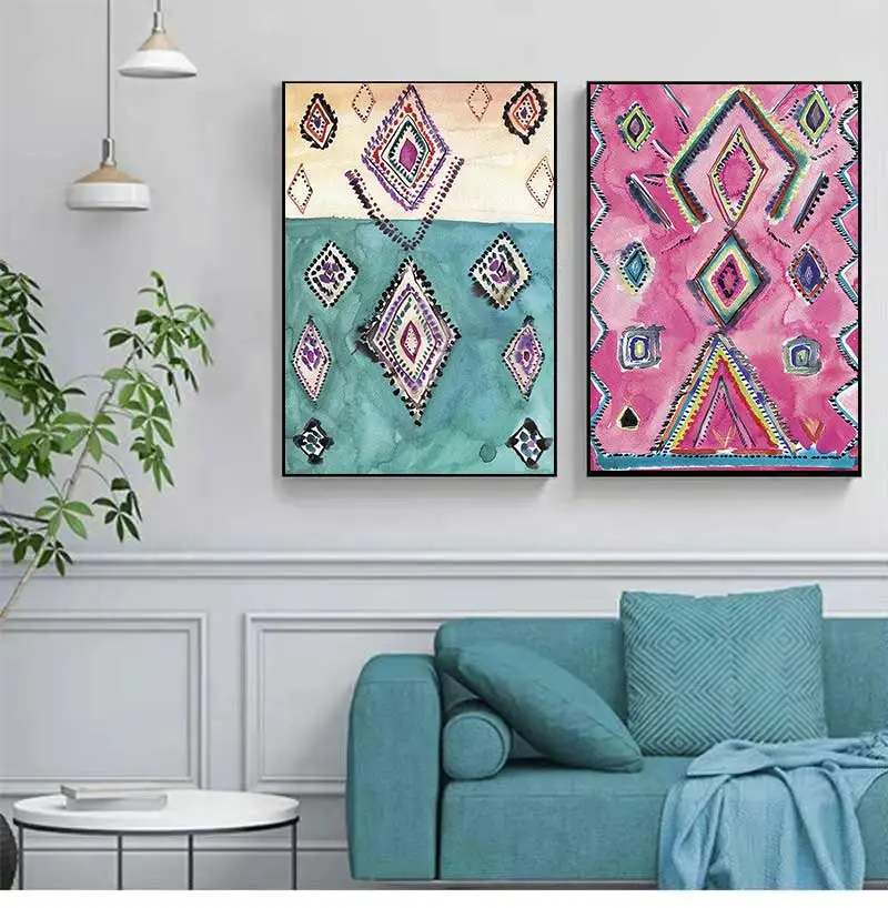 Decor Eclectic Poster , Watercolor Pink Eclectic Canvas Painting Modern Bohemian Home Wall Art Moroccan Rug Art Prints Boho Wall
