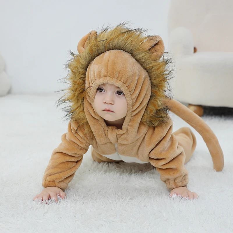 Cartoon Animals Lion Baby Girls Boys Clothes Romper Winter Infant Cute Onesie Bodysuit Cosplay Costume Hooded Zipper Jumpsuits