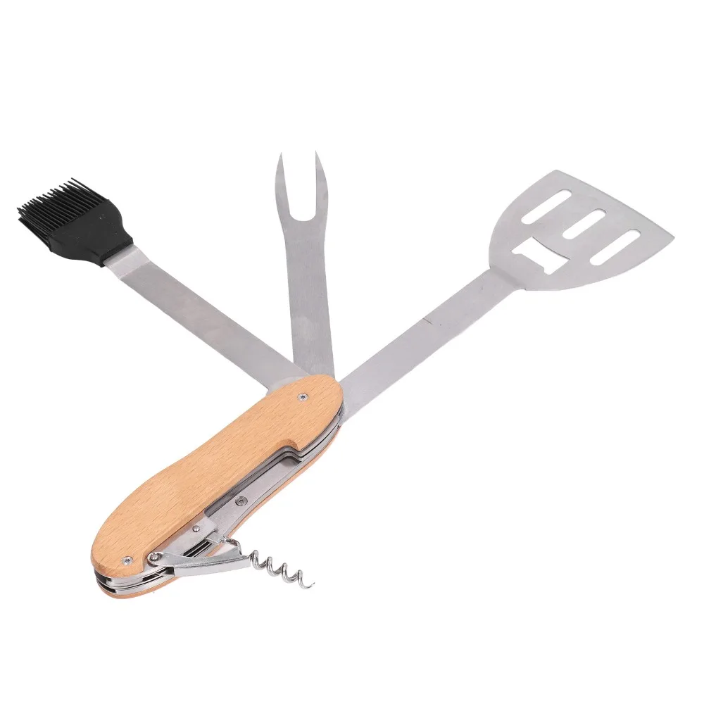 Stainless Steel Composite Wood BBQ Tool Set Silver Wooden Color Black Foldable Design Grill Combo Set 5 in 1 Multifunctional