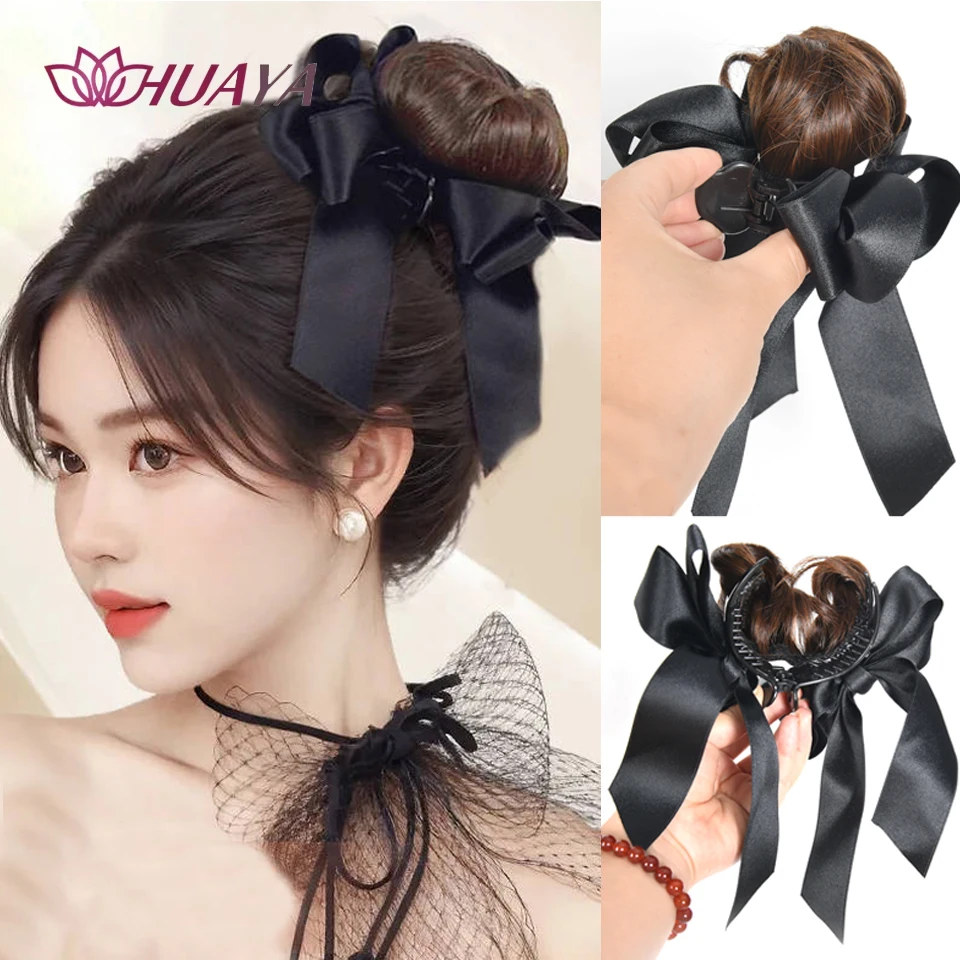 

Synthetic Bun Hair Piece Scrunchies for Women Straight Chignon Clip in Hair Extensions Tousled Updo With Bow Accessories