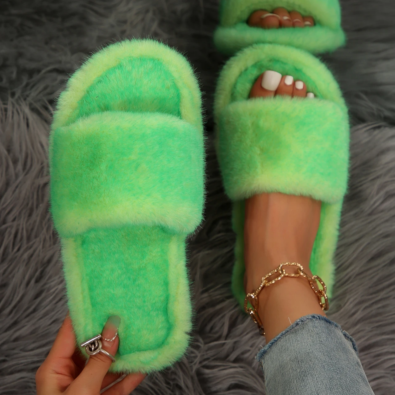 Winter Women House Furry Slippers Non-Slip Casual Indoor Shoes for Women Ladies Warm Solid Colors Flat Slippers Slides Women