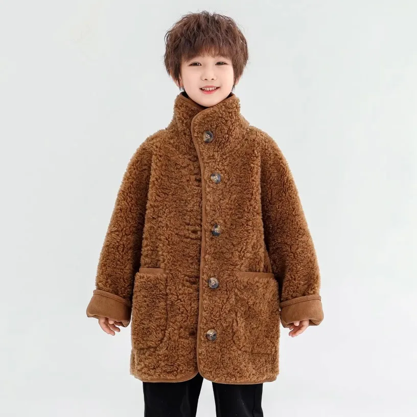 

High-End New 100% Wool Sheep Shearing Fur Coat For Girls Horn Button Lamb Wool Fur Hooded Thicker Warm Boys Jacket A4831