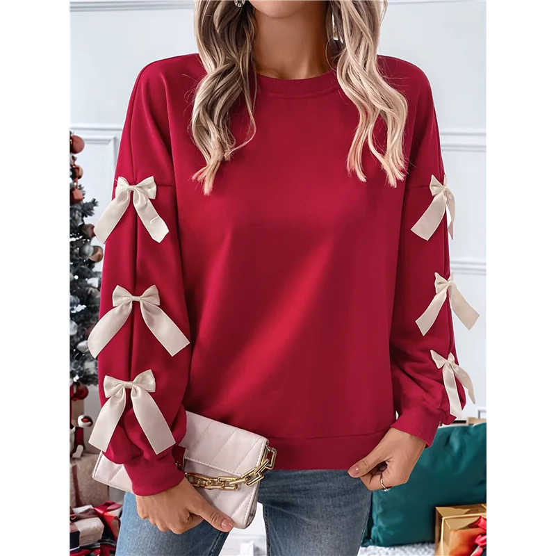 

ABP-Women's Y2K Ribbon Long Sleeve Top - Crew Neck Red Christmas & New Year Bowknot Oversized Pullover Shirt