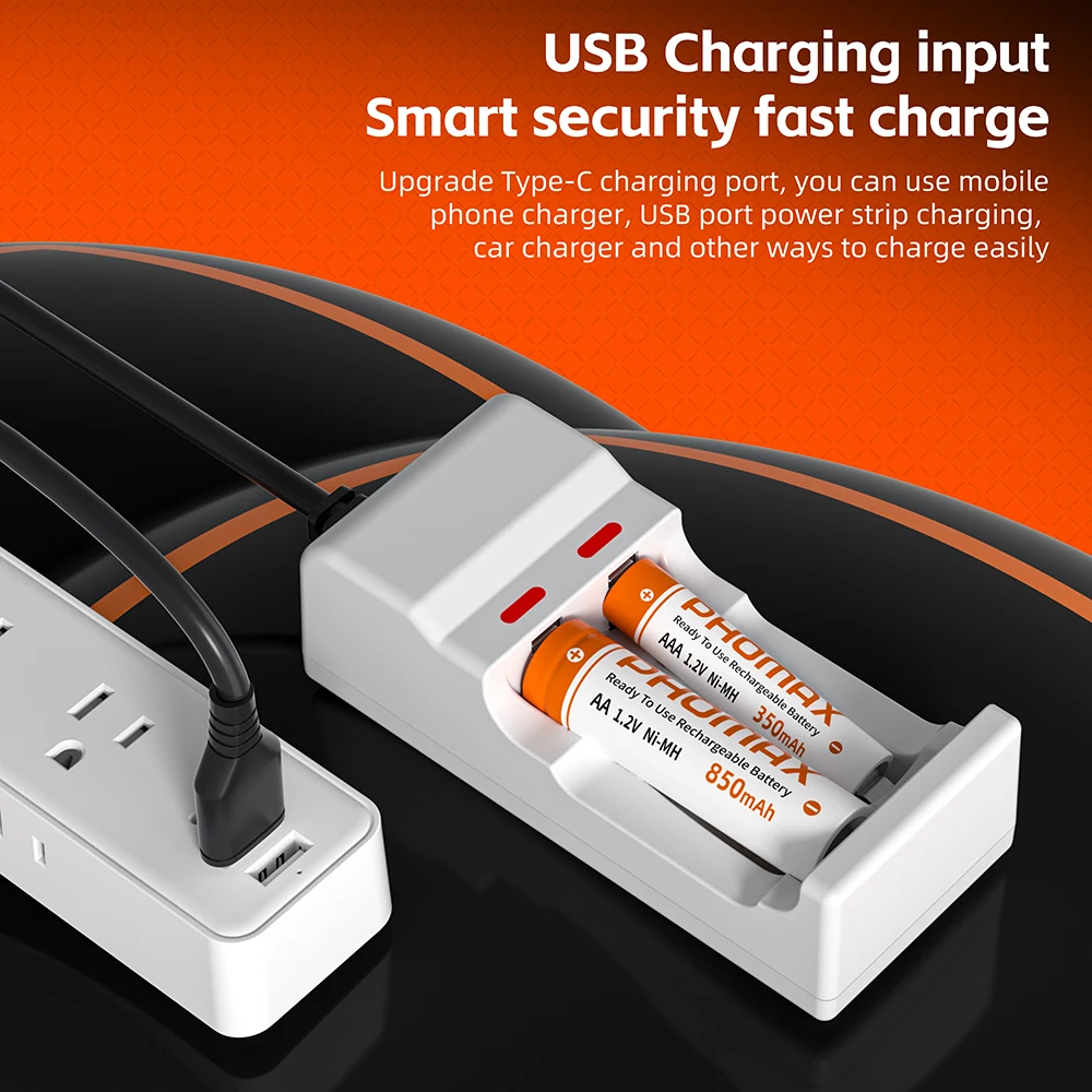 PHOMAX Rechargeable Battery 1.2V AA 850mAh  AAA 350mAh + Ni-MH Charger for Computer Clock Radio Video Game Digital Camera AA AAA