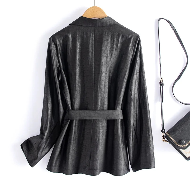 100% Silk Women Coat Solid Casual Style Turn-down Collar Long Sleeve Belt New Fashion