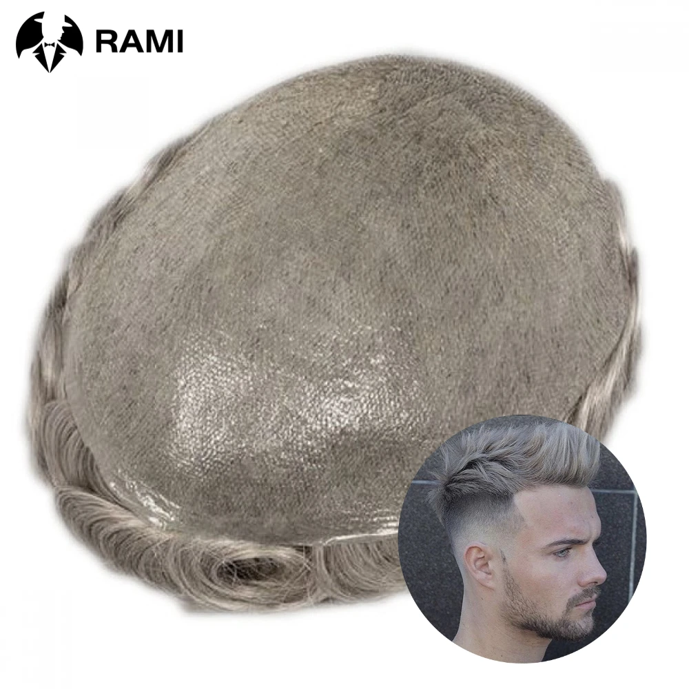 Tupé de pelo gris 80% para hombres, peluca de piel Superfina de 0,02-0,03mm, reemplazo de pelo con nudo fuerte, línea frontal indetectable, envío