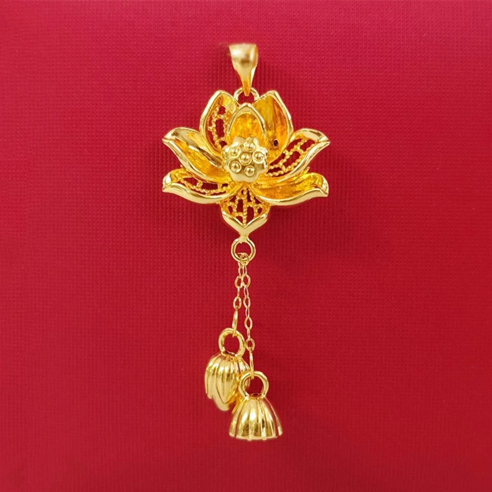 One Piece Real 999 24K Yellow Gold Women's Pendant 3D Lotus Flower Tassels Charm 1.5-1.6g