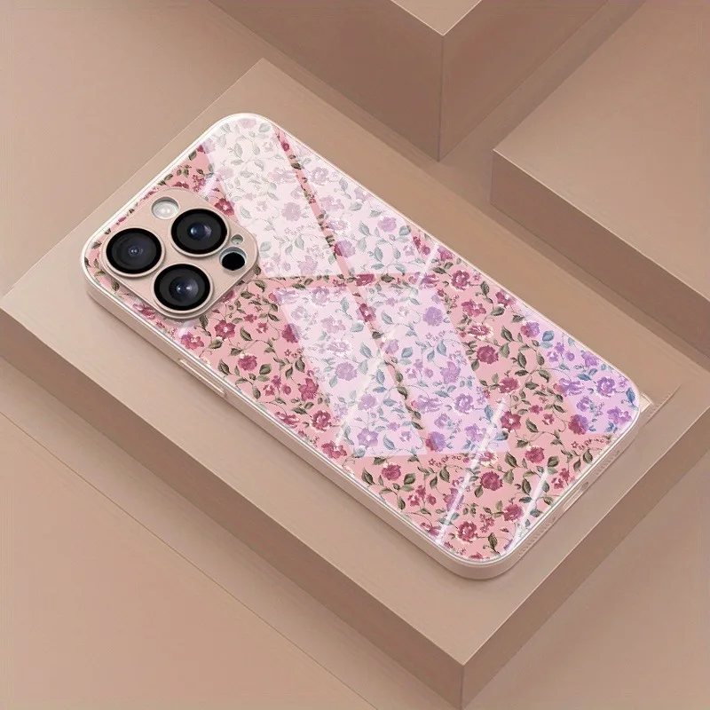 

Korean Romantic Pink Small Floral Pattern Metallic Paint Glass Case For iPhone 17 16 15 14 13 12 11 Pro Max Plus 16E 17Air Cover