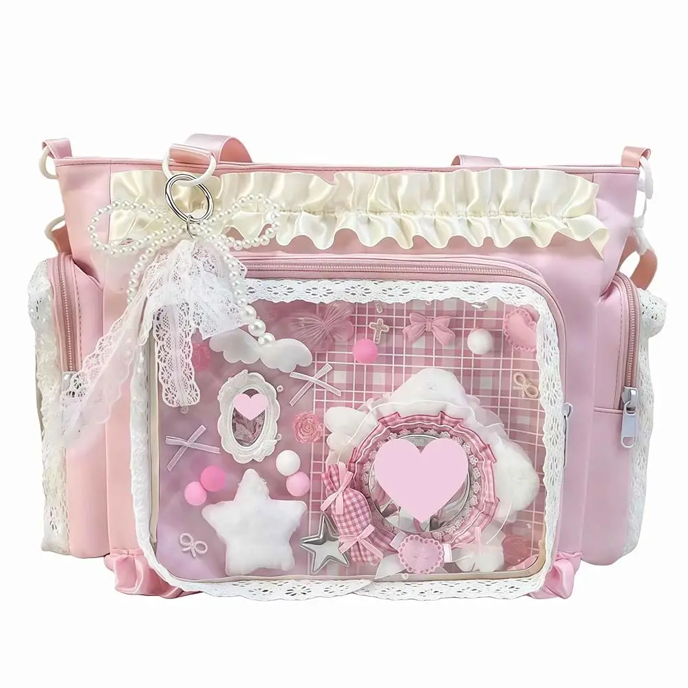 ita crossbody tote bag, pin display with Insert large messenger bag, cute tote bag with zipper ruffle, japanese aesthetic y2k